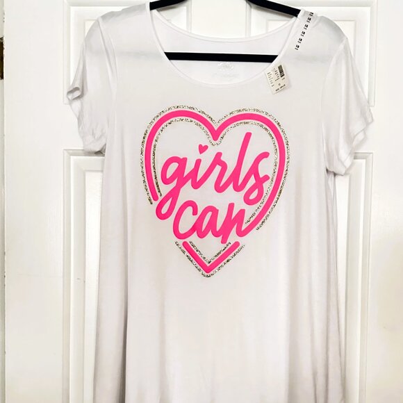 NWT Girls Justice White Short Sleeve‎ Top - Girls Can w/Heart - Picture 1 of 4